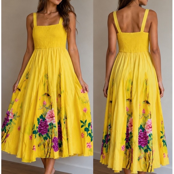 Sandy Starkman Dresses & Skirts - Sandy Starkman Yellow Floral Bird Smocked Cotton Midi Dress Large Whimsy